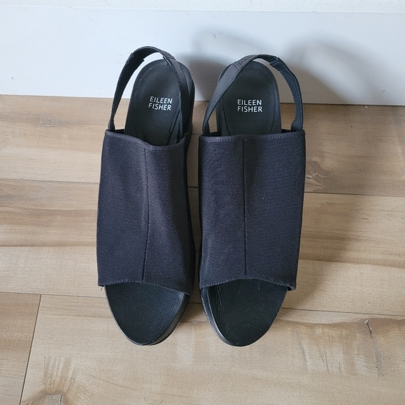 Eileen Fisher Platform Slingback Open Toe Fabric Sandal Black - Picture 4 of 6